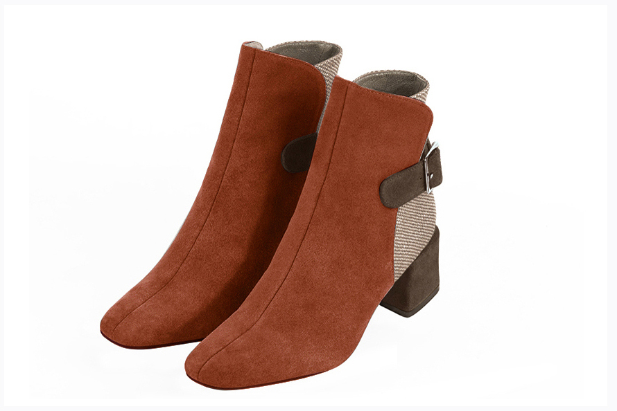 Terracotta orange, tan beige and chocolate brown matching ankle boots and bag. Wiew of ankle boots - Florence KOOIJMAN